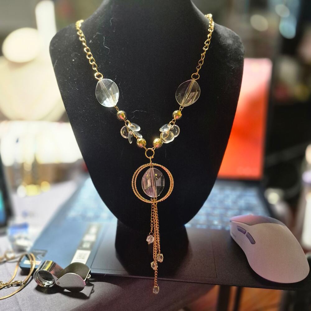 Vintage Goldtone Layered Glass Crystal & Lucite Bead Station Necklace 32"-36.5"